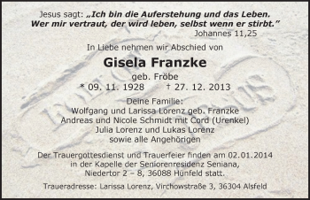Traueranzeige von Gisela Franzke von Mitteldeutsche Zeitung Wittenberg