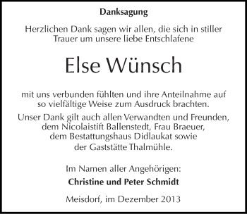 Traueranzeige von Else Wünsch von Mitteldeutsche Zeitung Quedlinburg