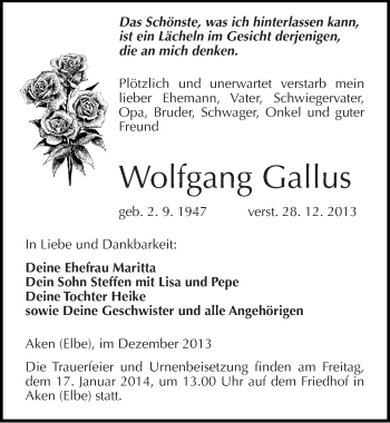Traueranzeige von Wolfgang Gallus von Mitteldeutsche Zeitung Köthen