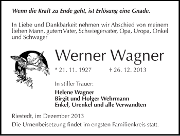 Traueranzeige von Werner Wagner von Mitteldeutsche Zeitung Sangerhausen