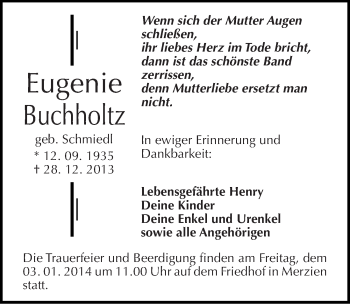 Traueranzeige von Eugenie Buchholtz von Mitteldeutsche Zeitung Köthen