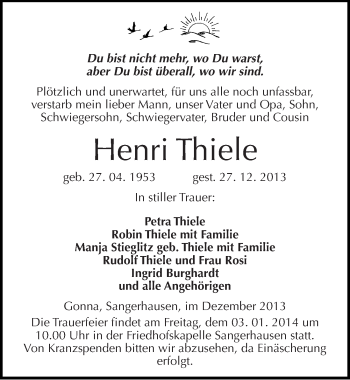 Traueranzeige von Henri Thiele von Mitteldeutsche Zeitung Sangerhausen