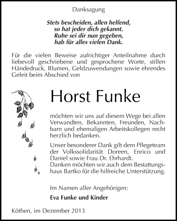 Traueranzeige von Horst Funke von Mitteldeutsche Zeitung Köthen