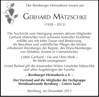 Traueranzeige von Gerhard Mätzschke von Mitteldeutsche Zeitung Bernburg