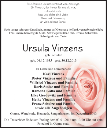 Traueranzeige von Ursula Vinzens von Mitteldeutsche Zeitung Sangerhausen