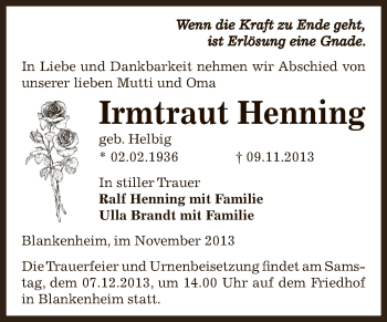 Traueranzeige von Irmtraut Henning von Super Sonntag SGH Mansf. Land