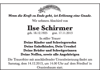 Traueranzeige von Ilse Schirmer von Super Sonntag Wittenberg