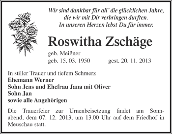 Traueranzeige von Roswitha Zschäge von Super Sonntag Merseburg