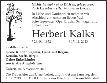 Traueranzeige von Herbert Kalks von WVG - Wochenspiegel Merseburg