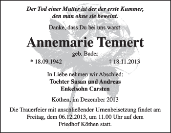 Traueranzeige von Annemarie Tennert von Super Sonntag Dessau / Köthen