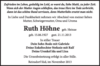 Traueranzeige von Ruth Höhne von Super Sonntag Wittenberg