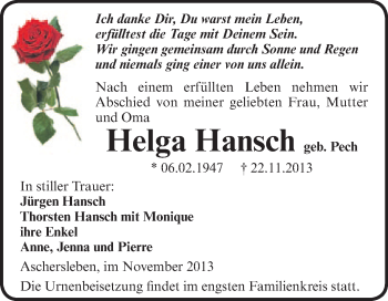 Traueranzeige von Helga Hansch von Super Sonntag Aschersleben