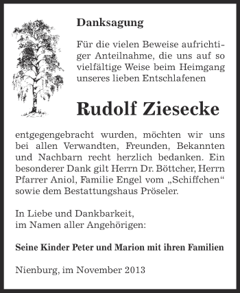 Traueranzeige von Rudolf Ziesecke von Super Sonntag Bernburg