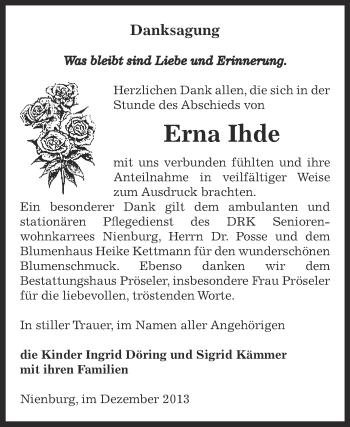 Traueranzeige von Erna Ihde von Super Sonntag Bernburg