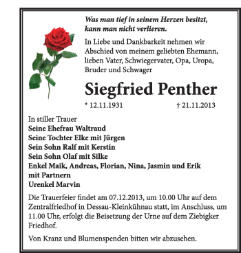 Traueranzeige von Siegfried Penther von Super Sonntag Dessau / Köthen