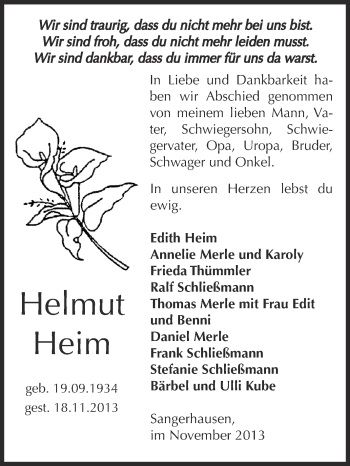 Traueranzeige von Helmut Heim von Super Sonntag SGH Mansf. Land
