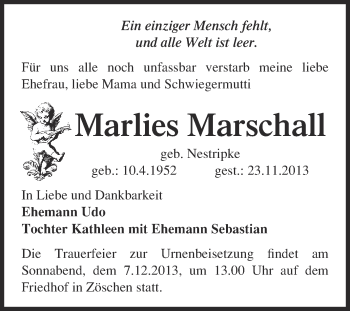 Traueranzeige von Marlies Marschall von Super Sonntag Merseburg