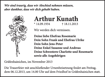 Traueranzeige von Arthur Kunath von WVG - Wochenspiegel Wittenberg