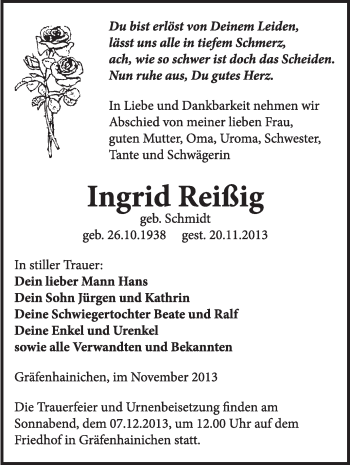 Traueranzeige von Ingrid Reißig von WVG - Wochenspiegel Wittenberg