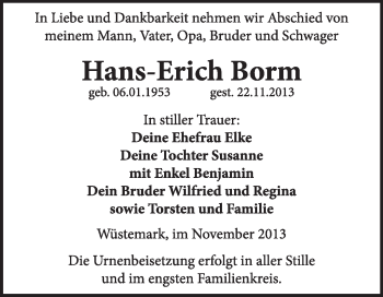 Traueranzeige von Hans-Erich Borm von Super Sonntag Wittenberg