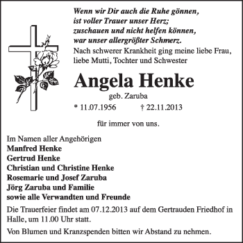 Traueranzeige von Angela Henke von Super Sonntag Dessau / Köthen