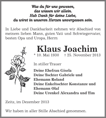 Traueranzeige von Klaus Joachim von Super Sonntag Zeitz