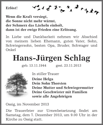 Traueranzeige von Hans-Jürgen Schlag von Super Sonntag Zeitz