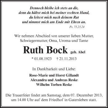 Traueranzeige von Ruth Bock von Super Sonntag Aschersleben