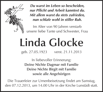 Traueranzeige von Linda Glocke von WVG - Wochenspiegel NMB / WSF / ZTZ