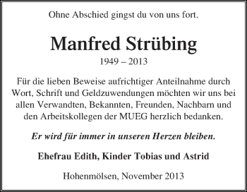 Traueranzeige von Manfred Strübing von WVG - Wochenspiegel NMB / WSF / ZTZ