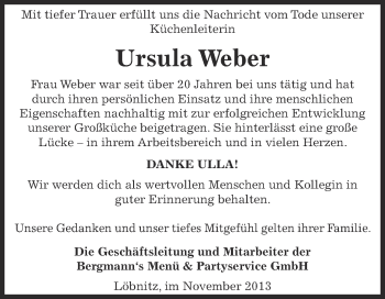 Traueranzeige von Ursula Weber von WVG - Wochenspiegel Dessau / Köthen