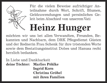 Traueranzeige von Heinz Hunger von Super Sonntag Bernburg