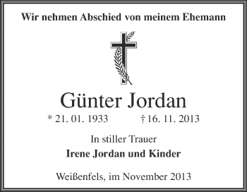 Traueranzeige von Günter Jordan von WVG - Wochenspiegel NMB / WSF / ZTZ
