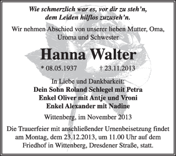 Traueranzeige von Hanna Walter von WVG - Wochenspiegel Wittenberg