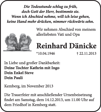 Traueranzeige von Reinhard Dänicke von WVG - Wochenspiegel Wittenberg