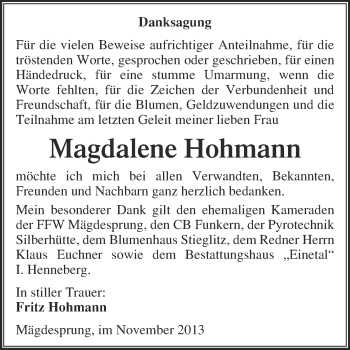 Traueranzeige von Magdalene Hohmann von Super Sonntag Quedlinburg