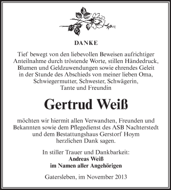 Traueranzeige von Gertrud Weiß von Super Sonntag Aschersleben