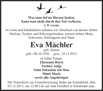 Traueranzeige von Eva Mächler von Super Sonntag Merseburg