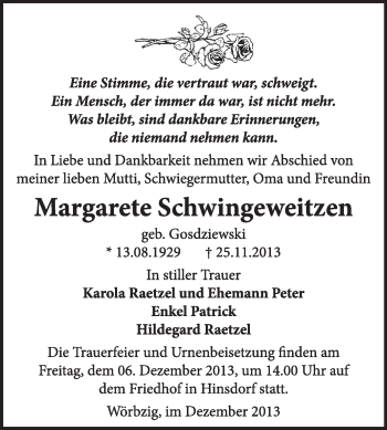 Traueranzeige von Margarete Schwingeweitzen von Super Sonntag Dessau / Köthen