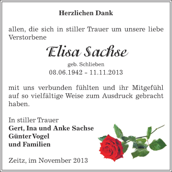 Traueranzeige von Elisa Sachse von Super Sonntag Zeitz