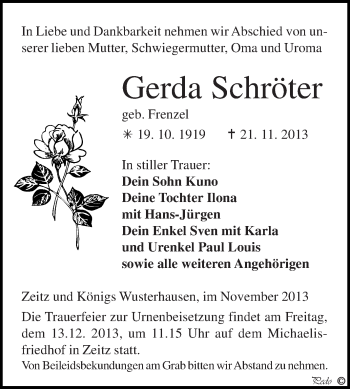 Traueranzeige von Gerda Schröter von Super Sonntag Zeitz
