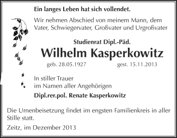 Traueranzeige von Wilhelm Kasperkowitz von Super Sonntag Zeitz