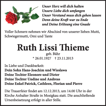 Traueranzeige von Ruth Lissi Thieme von Super Sonntag Dessau / Köthen