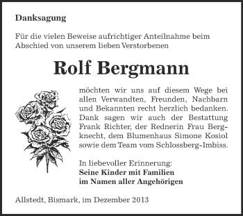 Traueranzeige von Rolf Bergmann von Super Sonntag SGH Mansf. Land