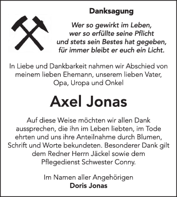 Traueranzeige von Axel Jonas von Super Sonntag Wittenberg