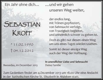 Traueranzeige von Sebastian Kropf von Super Sonntag Bernburg