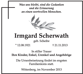 Traueranzeige von Irmgard Scherwath von WVG - Wochenspiegel Wittenberg
