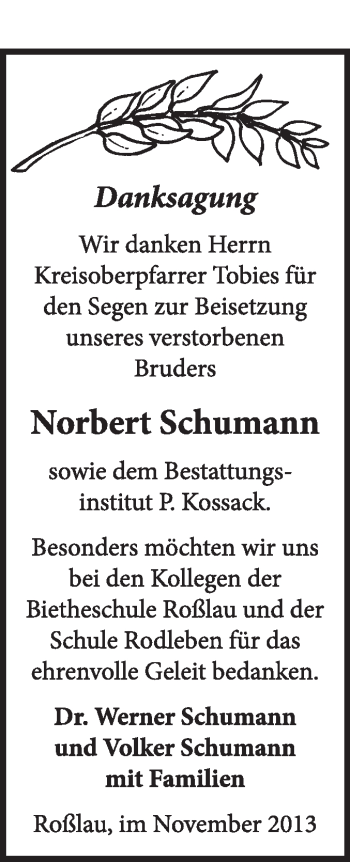 Traueranzeige von Norbert Schumann von Super Sonntag Dessau / Köthen