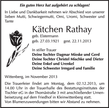 Traueranzeige von Kätchen Rathay von WVG - Wochenspiegel Wittenberg