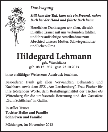 Traueranzeige von Hildegard Lehmann von WVG - Wochenspiegel Wittenberg